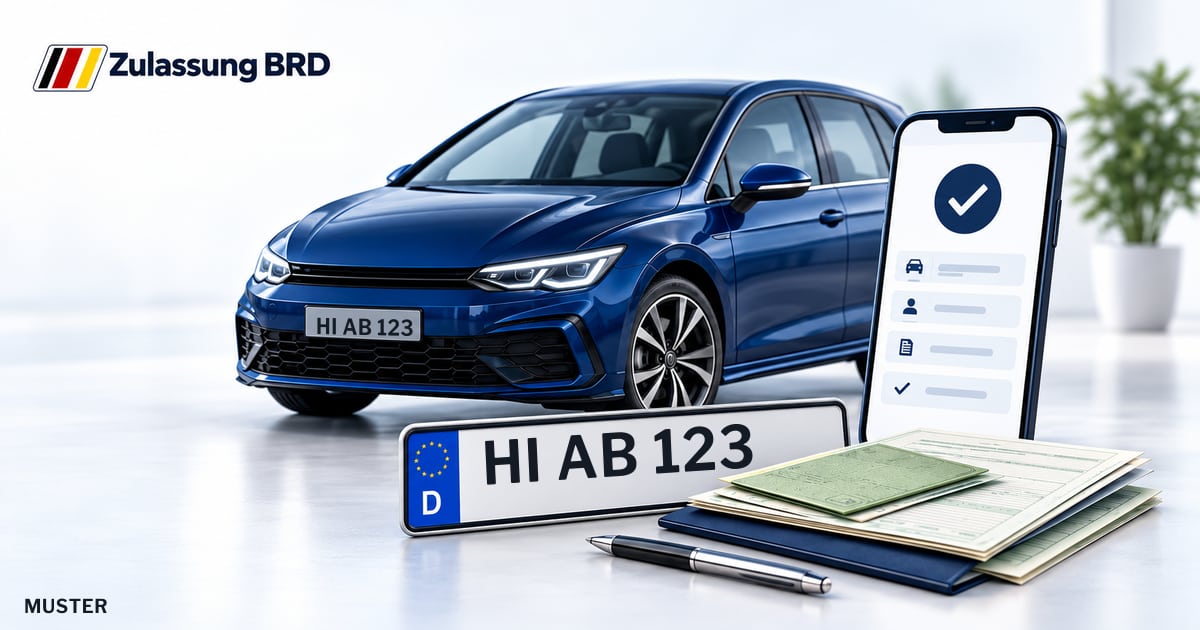 Online Fahrzeugzulassung in Landkreis Hildesheim: Musterkennzeichen HI AB 123, Auto und Fahrzeugpapiere und Smartphone. Illustration mit Logo von Zulassung BRD.